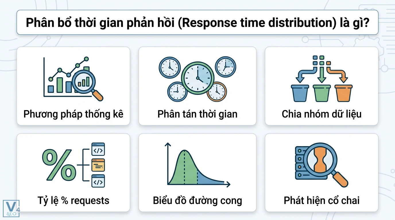 Phân bổ thời gian phản hồi là gì? Tại sao P95 và P99 quan trọng 1 Phân bổ thời gian phản hồi thể hiện phân tán thời gian, chia nhóm dữ liệu, tỷ lệ % requests, đường cong độ trễ và phát hiện lỗi cổ chai