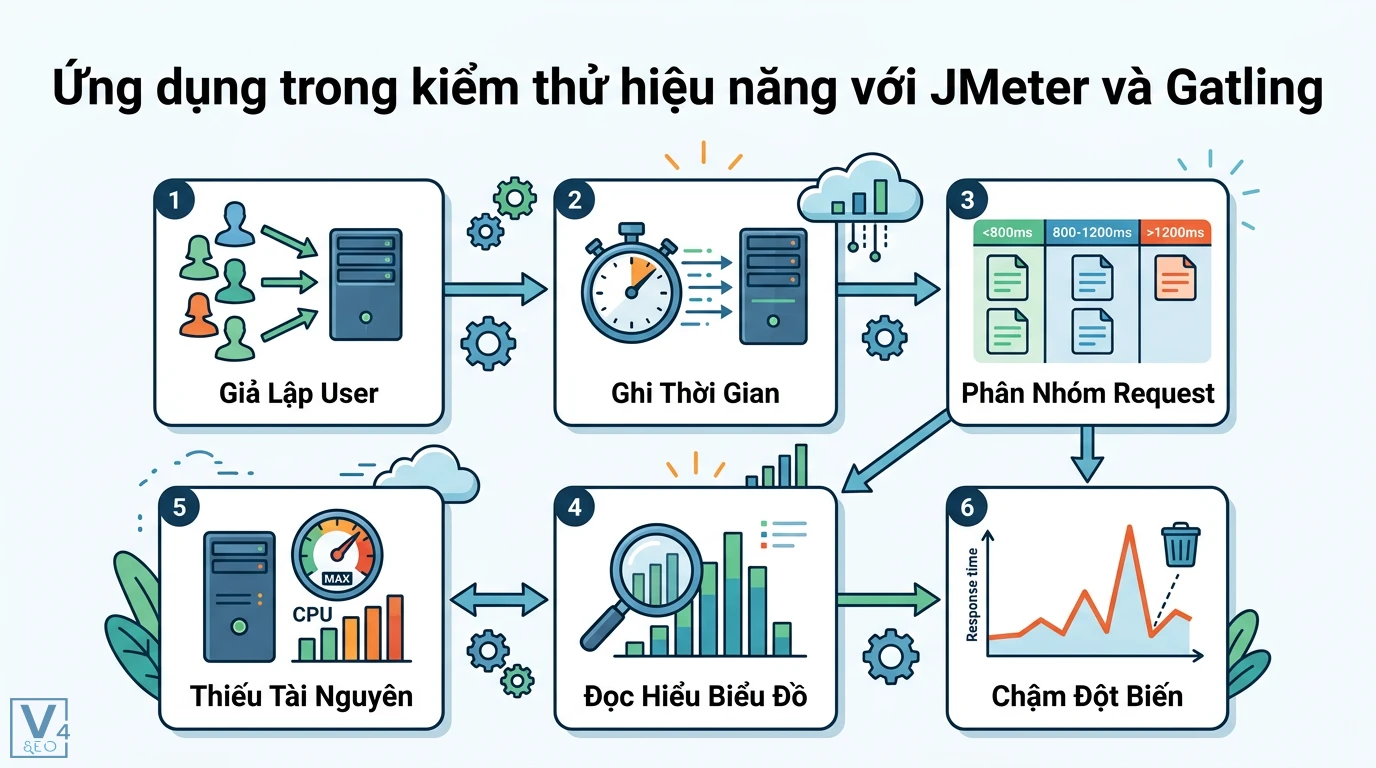 Phân bổ thời gian phản hồi là gì? Tại sao P95 và P99 quan trọng 2 Kiểm thử hiệu năng với JMeter và Gatling qua mô phỏng người dùng, ghi thời gian phản hồi, phân nhóm dữ liệu và chẩn đoán nguyên nhân lỗi
