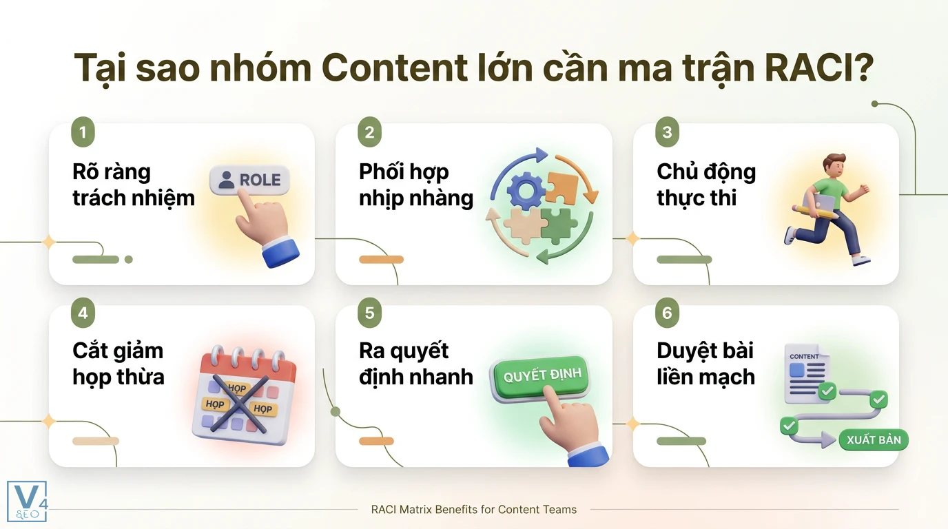 Phân quyền & RACI cho nhóm Content lớn: Quy trình và mẫu thực tế 1 Ma trận RACI giúp nhóm content lớn rõ ràng trách nhiệm phối hợp nhịp nhàng cắt giảm họp thừa ra quyết định nhanh và duyệt bài liền mạch