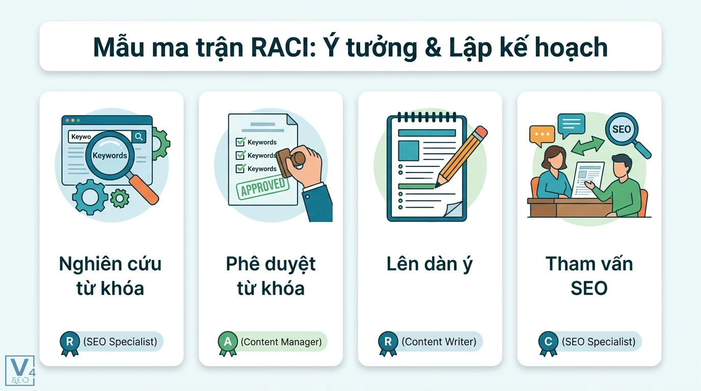 Phân quyền & RACI cho nhóm Content lớn: Quy trình và mẫu thực tế 2 Ma trận RACI quy trình lập kế hoạch nội dung gồm nghiên cứu, phê duyệt từ khóa, lên dàn ý và tham vấn SEO giữa Content Writer và SEO Specialist