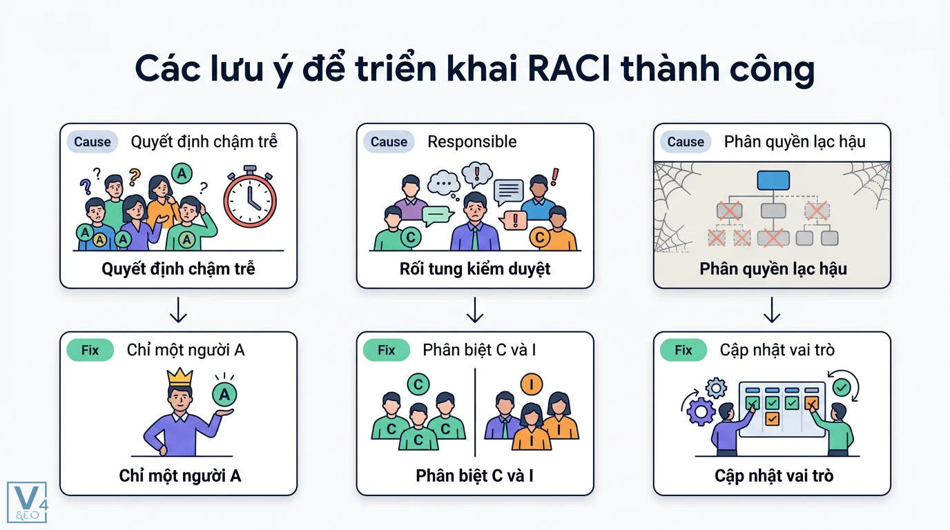Phân quyền & RACI cho nhóm Content lớn: Quy trình và mẫu thực tế 3 Triển khai RACI thành công nhờ chỉ định duy nhất một người A, phân biệt rõ vai trò C và I cùng việc chủ động cập nhật hệ thống phân quyền