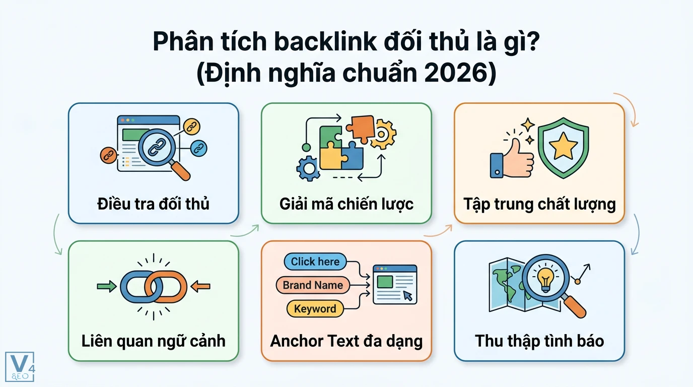Phân tích backlink đối thủ là gì: Quy trình 5 bước chuyên sâu 1 Chuỗi khối nội dung giải thích Phân tích backlink đối thủ, gồm 6 thẻ biểu tượng nối với mũi tên, minh họa điều tra, chiến lược và chất lượng