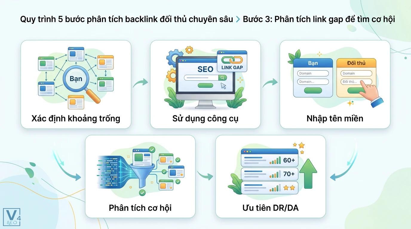 Phân tích backlink đối thủ là gì: Quy trình 5 bước chuyên sâu 2 Bố cục năm thẻ mô tả phân tích link gap, với kính lúp, màn hình công cụ SEO, biểu mẫu nhập liệu, phễu lọc và biểu đồ tăng trưởng
