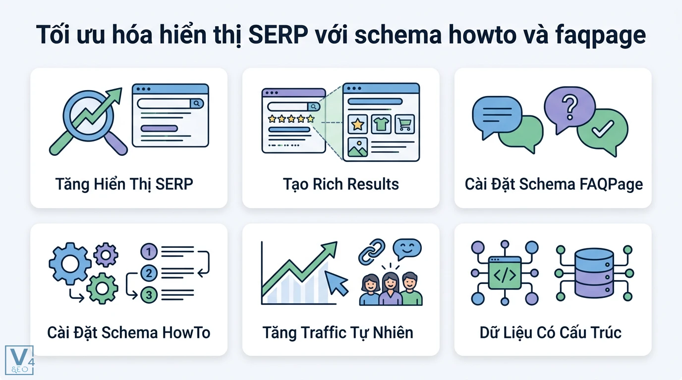 Phân tích backlink đối thủ là gì: Quy trình 5 bước chuyên sâu 3 Bố cục lưới 6 khối, minh họa tối ưu hóa hiển thị SERP với schema, qua biểu tượng kính lúp, bong bóng chat, bánh răng và mã/database