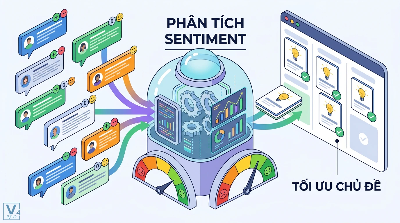 Cách phân tích sentiment từ bình luận để tối ưu chủ đề tiếp theo 3 Quy trình 4 bước trích xuất insight gồm phân tích dữ liệu, tìm mẫu số chung, xác định điểm đau người dùng và mở rộng ngách chủ đề mới