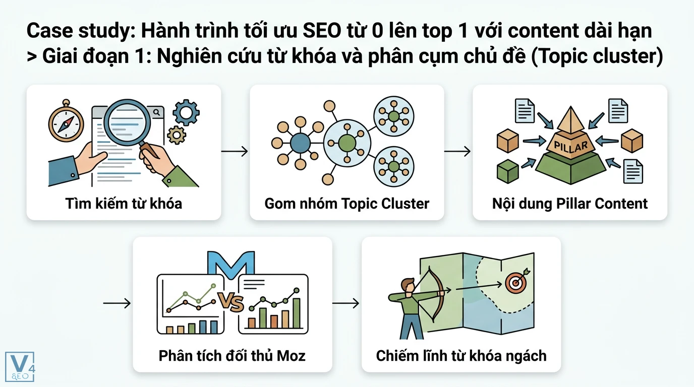Phân tích case study: Tối ưu SEO với chiến lược Content dài hạn 1 Nghiên cứu từ khóa, phân cụm Topic Cluster, xây dựng Pillar Content và phân tích đối thủ Moz để chiếm lĩnh các truy vấn từ khóa ngách