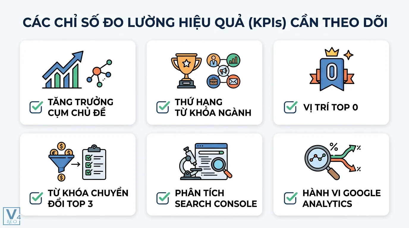 Phân tích case study: Tối ưu SEO với chiến lược Content dài hạn 2 KPIs SEO gồm tăng trưởng cụm chủ đề, thứ hạng từ khóa ngành, vị trí Top 0, từ khóa chuyển đổi Top 3, Search Console và Google Analytics