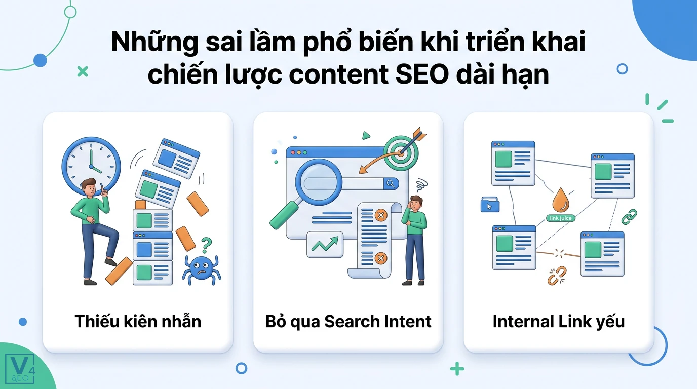 Phân tích case study: Tối ưu SEO với chiến lược Content dài hạn 3 Những sai lầm phổ biến khi triển khai content SEO dài hạn như thiếu kiên nhẫn bỏ qua Search Intent và Internal Link yếu làm suy yếu Topic Cluster