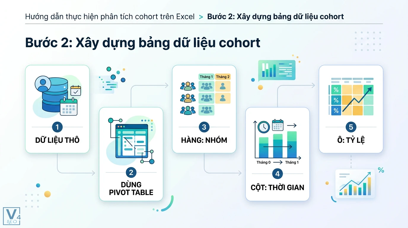 Phân tích cohort là gì? Hướng dẫn thực hành và mẫu bảng trên Excel 2 Thiết lập Pivot Table xây dựng bảng cohort gồm nhóm người dùng theo hàng và mốc thời gian theo cột để tính toán tỷ lệ hoạt động