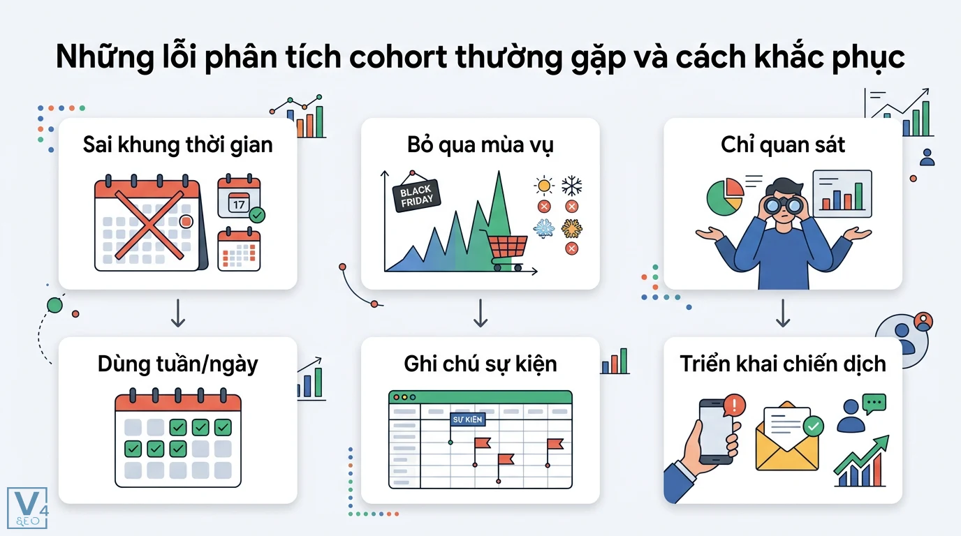 Phân tích cohort là gì? Hướng dẫn thực hành và mẫu bảng trên Excel 3 Lỗi phân tích cohort thường gặp như sai khung thời gian, bỏ qua mùa vụ và cách khắc phục bằng việc ghi chú sự kiện, triển khai chiến dịch