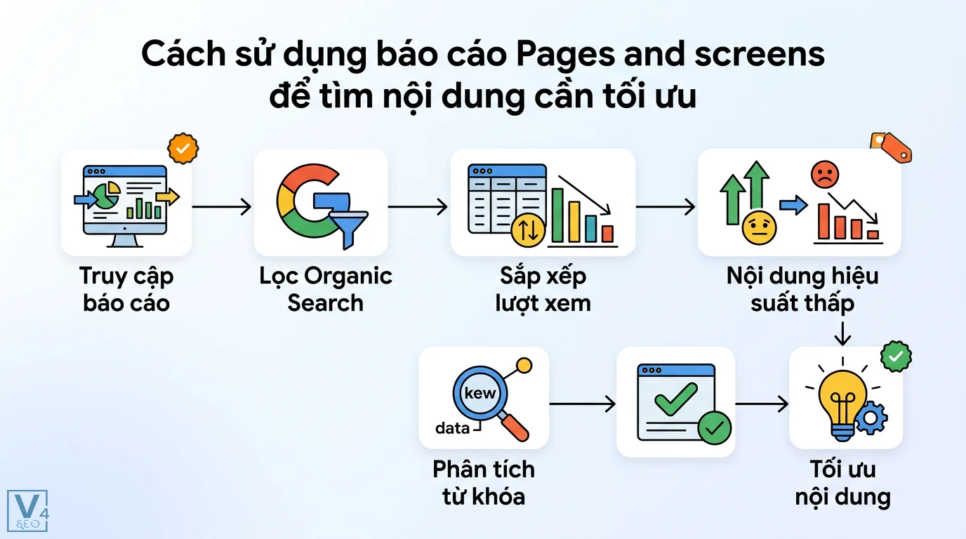 Phân tích hành vi người dùng qua Google Analytics cho Content SEO 2 Quy trình dùng báo cáo Pages and screens lọc Organic Search và phân tích từ khóa để nhận diện nội dung hiệu suất thấp cần tối ưu SEO