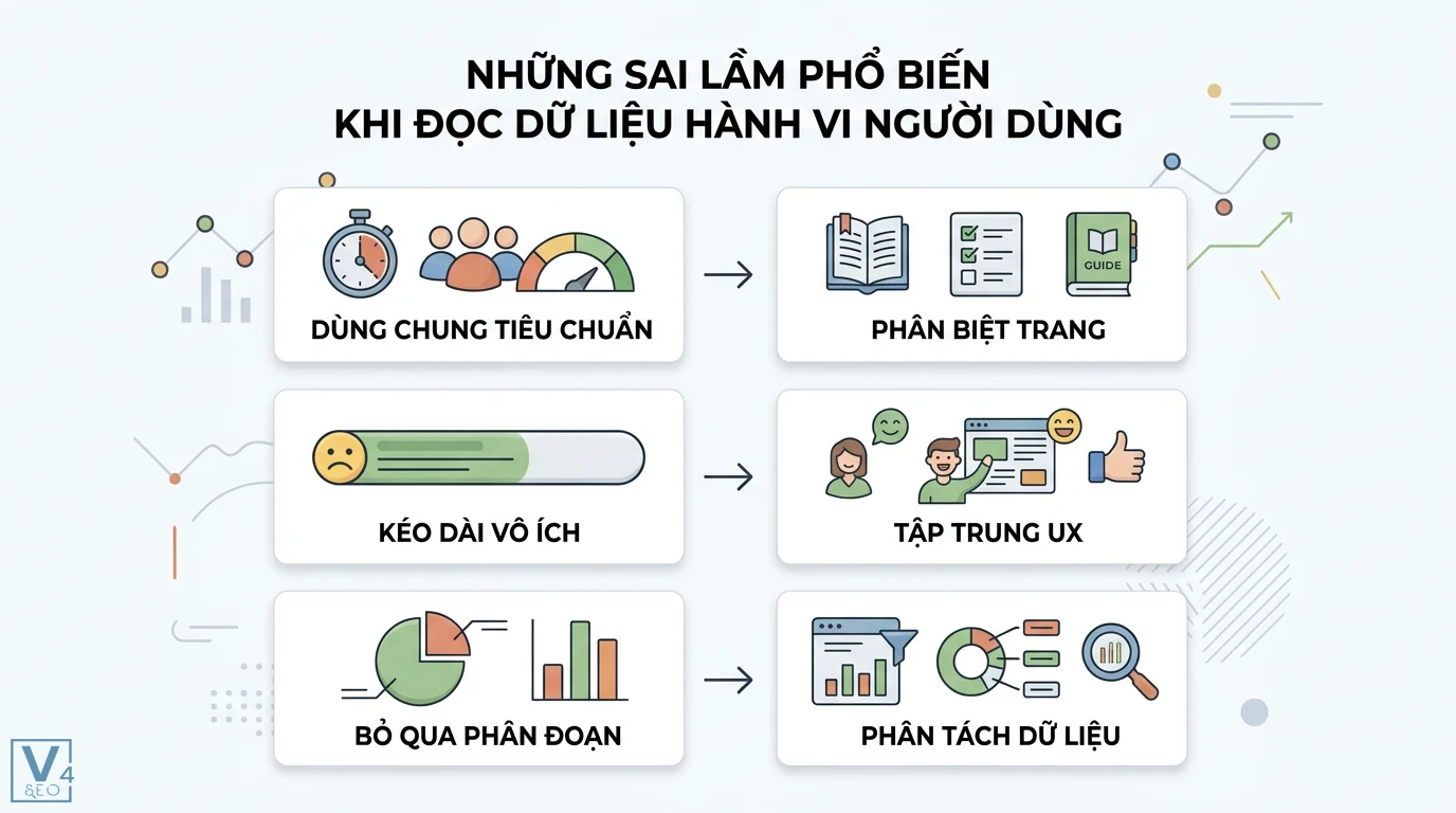 Phân tích hành vi người dùng qua Google Analytics cho Content SEO 3 Sai lầm khi đọc dữ liệu hành vi người dùng và giải pháp phân biệt trang, tập trung vào UX cùng việc phân tách dữ liệu theo nguồn truy cập