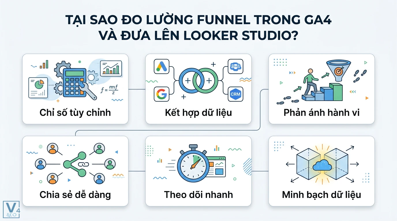 Đo lường hiệu quả funnel bằng GA4 & Looker Studio: Hướng dẫn A-Z 1 Đo lường funnel GA4 trên Looker Studio giúp tạo chỉ số tùy chỉnh, kết hợp dữ liệu, phản ánh hành vi, chia sẻ và minh bạch dữ liệu