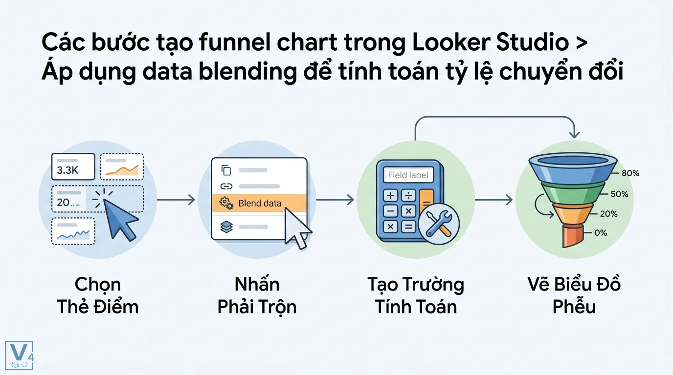 Đo lường hiệu quả funnel bằng GA4 & Looker Studio: Hướng dẫn A-Z 2 Cách áp dụng data blending Looker Studio gộp các thẻ điểm và tạo trường tính toán để đo lường tỷ lệ chuyển đổi qua từng giai đoạn phễu