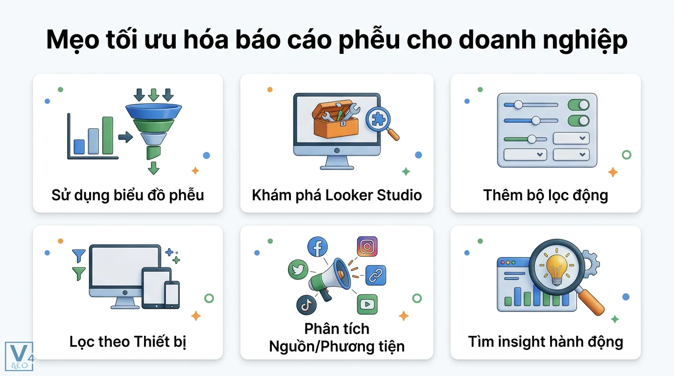 Đo lường hiệu quả funnel bằng GA4 & Looker Studio: Hướng dẫn A-Z 3 Tối ưu hóa báo cáo phễu cho doanh nghiệp bằng Looker Studio qua bộ lọc động theo thiết bị, nguồn phương tiện và tìm kiếm insight hành động