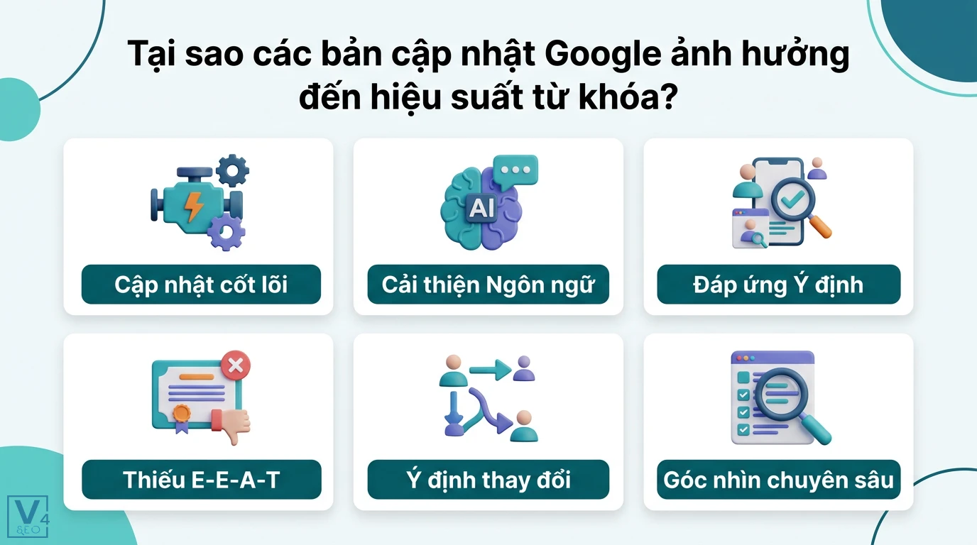 Cách phân tích hiệu suất từ khóa sau các bản cập nhật của Google 1 Tác động từ các bản cập nhật Google đến từ khóa qua cải thiện ngôn ngữ, ý định tìm kiếm, tiêu chuẩn E-E-A-T và góc nhìn chuyên sâu