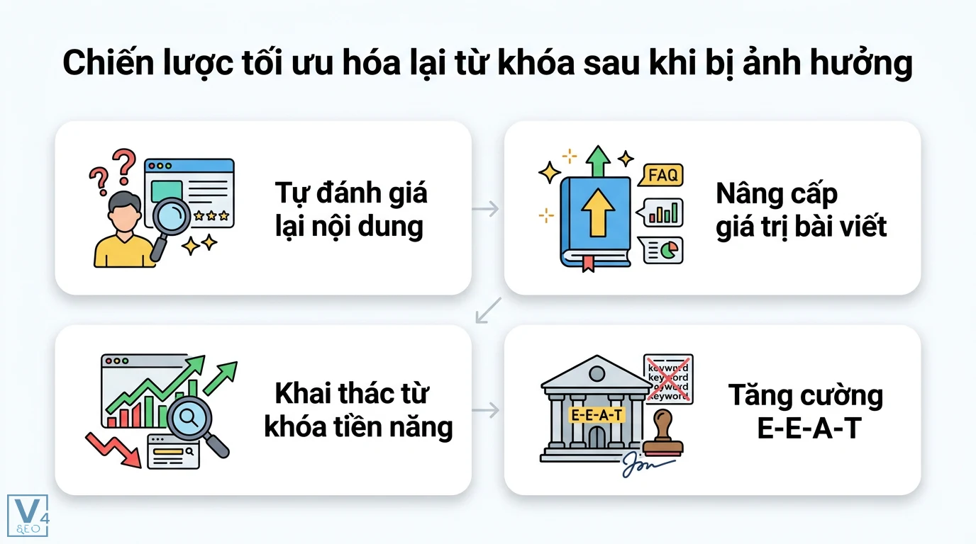 Cách phân tích hiệu suất từ khóa sau các bản cập nhật của Google 2 Chiến lược tối ưu hóa lại từ khóa qua đánh giá nội dung, nâng cấp giá trị bài viết, khai thác từ khóa tiềm năng và tăng cường E-E-A-T
