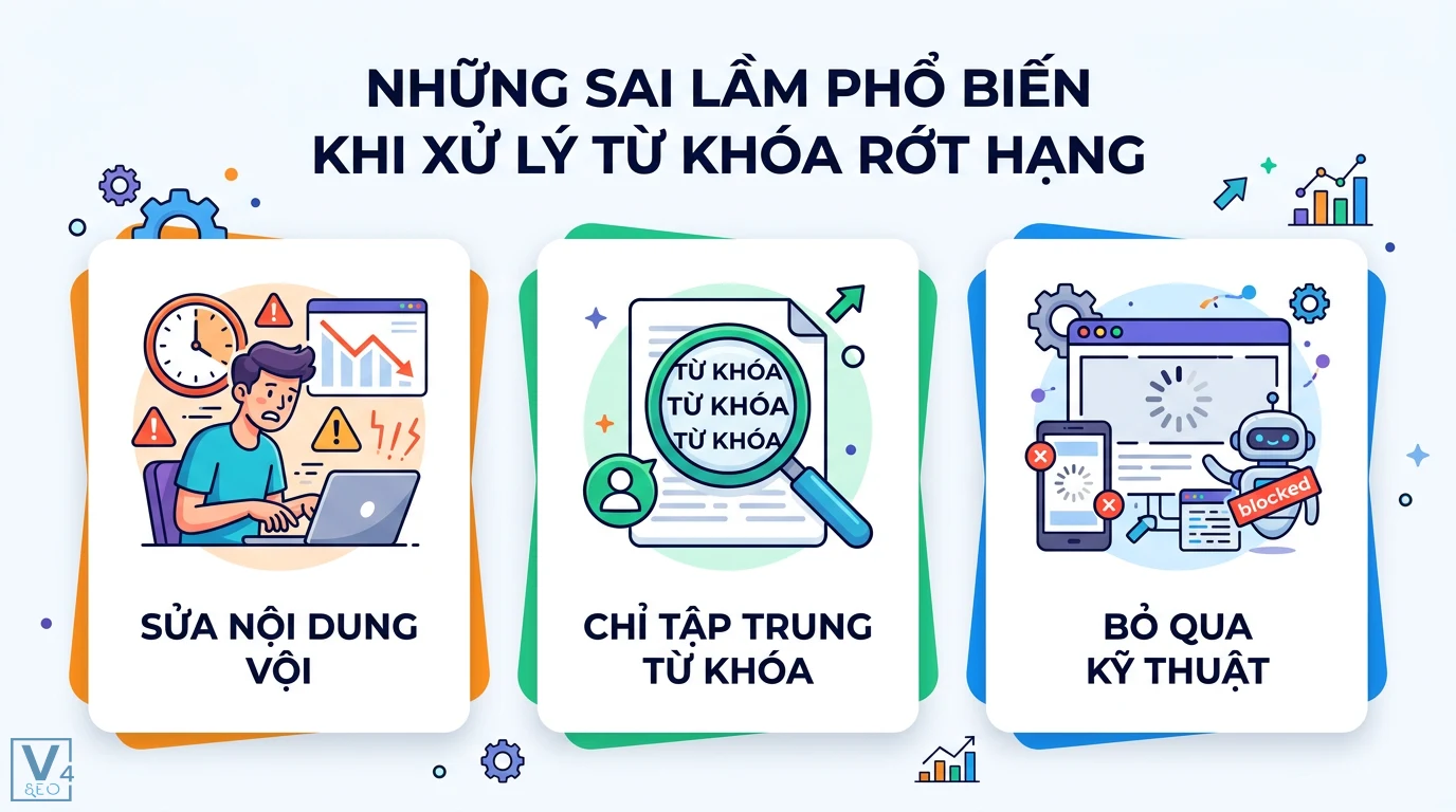 Cách phân tích hiệu suất từ khóa sau các bản cập nhật của Google 3 Các sai lầm phổ biến khi xử lý từ khóa rớt hạng gồm sửa nội dung vội vã, chỉ tập trung từ khóa và bỏ qua tối ưu kỹ thuật SEO cho website
