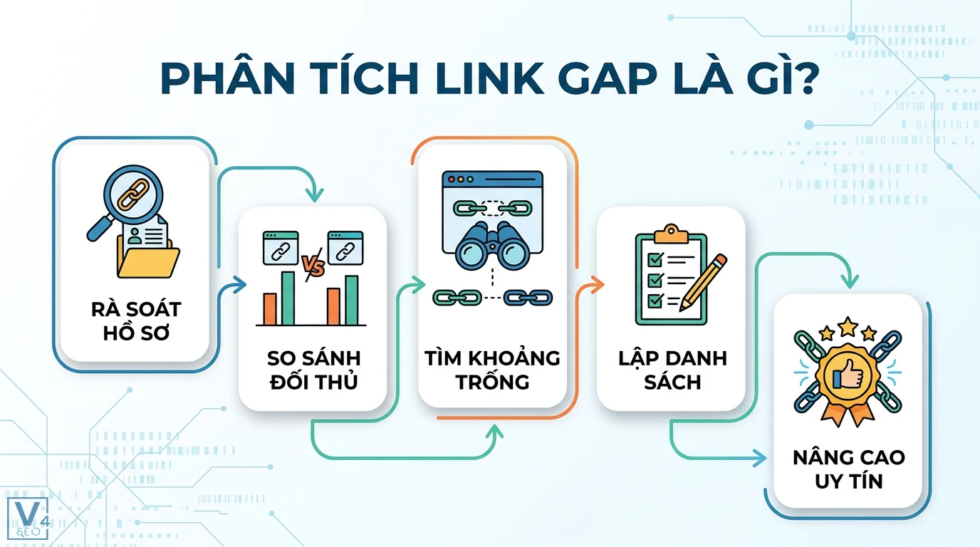 Phân tích link gap là gì? Cách tìm lỗ hổng Backlink vượt đối thủ 1 Phân tích link gap thông qua rà soát hồ sơ, so sánh đối thủ để tìm khoảng trống liên kết, lập danh sách và nâng cao uy tín cho website
