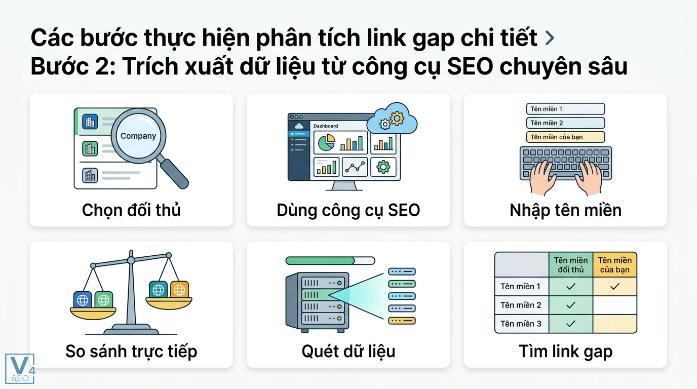 Phân tích link gap là gì? Cách tìm lỗ hổng Backlink vượt đối thủ 2 Trích xuất dữ liệu từ công cụ SEO để so sánh trực tiếp tên miền đối thủ và xác định link gap thông qua hệ thống quét dữ liệu tự động