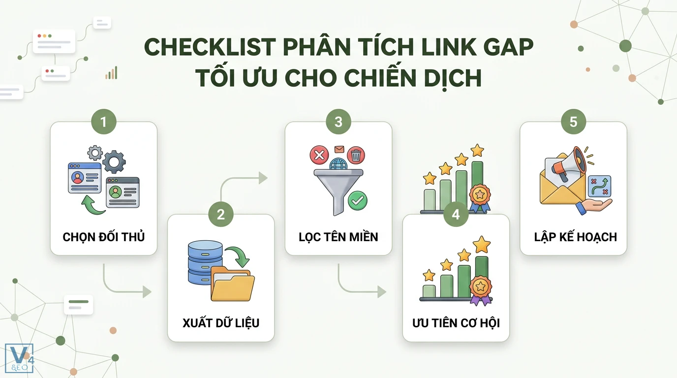 Phân tích link gap là gì? Cách tìm lỗ hổng Backlink vượt đối thủ 3 Checklist phân tích link gap tối ưu qua các bước chọn đối thủ, xuất dữ liệu, lọc tên miền, ưu tiên cơ hội và lập kế hoạch cho chiến dịch SEO