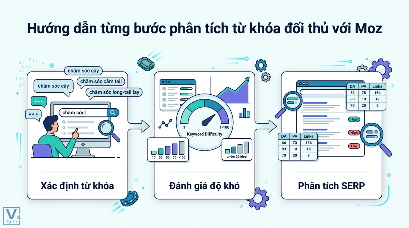Phân tích từ khóa cạnh tranh bằng công cụ Moz và chỉ số DA, PA 1 Phân tích từ khóa đối thủ với Moz qua xác định từ khóa, đánh giá Keyword Difficulty và phân tích SERP dựa trên chỉ số DA PA và Links