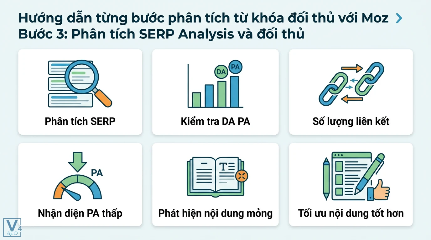 Phân tích từ khóa cạnh tranh bằng công cụ Moz và chỉ số DA, PA 2 Phân tích SERP đối thủ với Moz qua chỉ số DA PA, số lượng liên kết, nhận diện PA thấp và nội dung mỏng để xây dựng bài viết tối ưu tốt hơn