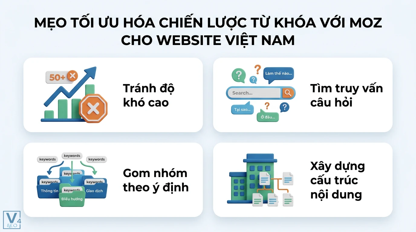 Phân tích từ khóa cạnh tranh bằng công cụ Moz và chỉ số DA, PA 3 Tối ưu chiến lược từ khóa Moz tại Việt Nam bằng cách tránh độ khó cao, tìm truy vấn câu hỏi, gom nhóm ý định và xây dựng cấu trúc nội dung