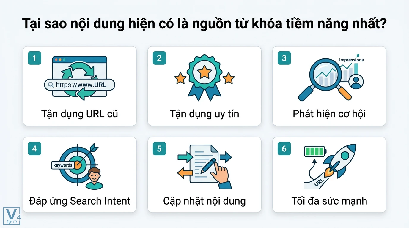 Phân tích từ khóa: Xác định từ khóa tiềm năng từ nội dung hiện có 1 Khai thác từ khóa từ nội dung hiện có qua việc tận dụng URL cũ, uy tín, Search Intent, phân tích Impressions và tối ưu sức mạnh URL sẵn có