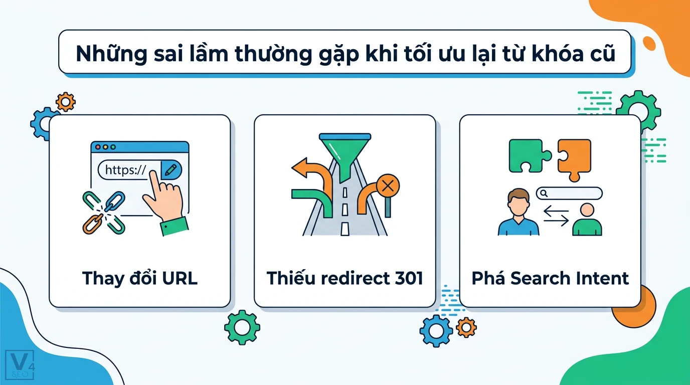 Phân tích từ khóa: Xác định từ khóa tiềm năng từ nội dung hiện có 3 Sai lầm khi tối ưu lại từ khóa cũ như thay đổi URL, thiếu redirect 301 và phá Search Intent gây mất backlink cũng như giảm thứ hạng SEO