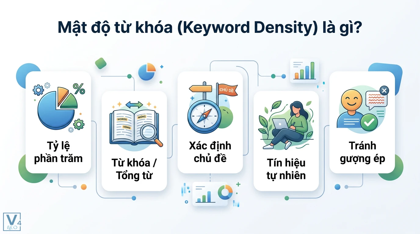 Tối Ưu Mật Độ Từ Khóa Content SEO: Chuẩn Entity, LSI & Thuật Toán AI 1 Mật độ từ khóa thể hiện tỷ lệ phần trăm từ khóa trên tổng từ giúp xác định chủ đề tạo tín hiệu tự nhiên và tránh gây cảm giác gượng ép