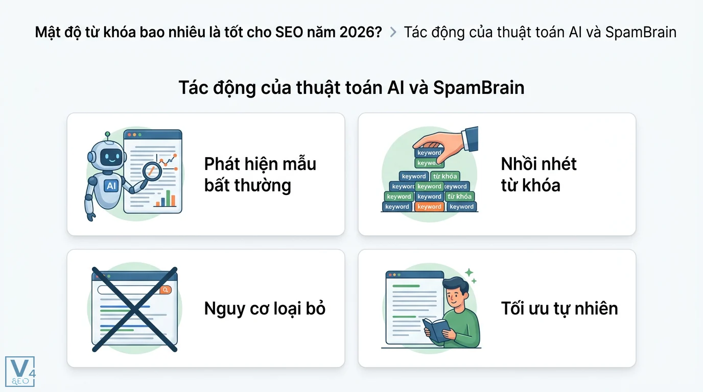 Tối Ưu Mật Độ Từ Khóa Content SEO: Chuẩn Entity, LSI & Thuật Toán AI 2 Thuật toán SpamBrain AI nhận diện mẫu nhồi nhét từ khóa bất thường để loại bỏ nội dung kém chất lượng và ưu tiên các bài viết tối ưu tự nhiên