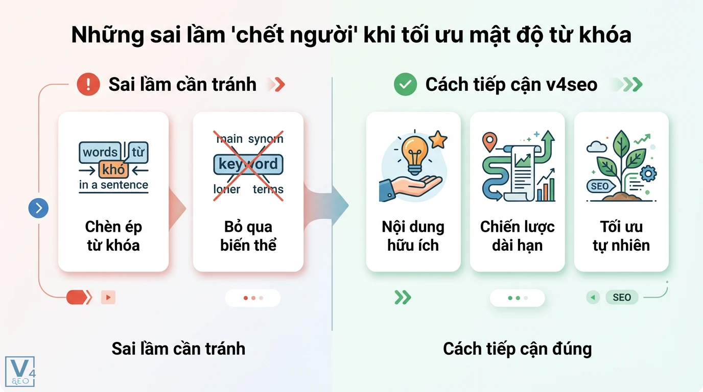 Tối Ưu Mật Độ Từ Khóa Content SEO: Chuẩn Entity, LSI & Thuật Toán AI 3 Tối ưu mật độ từ khóa qua chiến lược v4seo dài hạn và nội dung hữu ích thay vì sai lầm chèn ép từ khóa hoặc bỏ qua các biến thể từ khóa