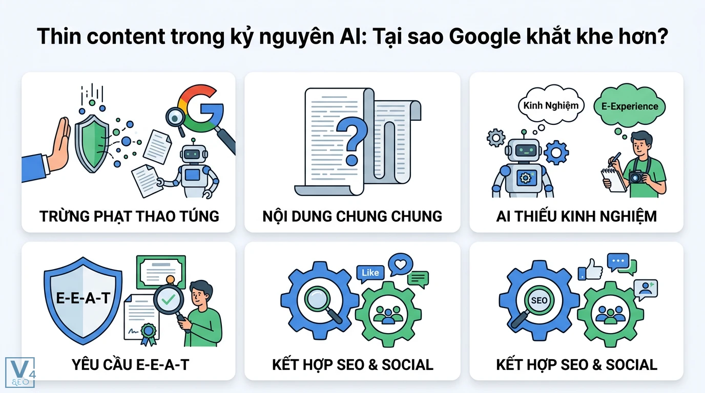 Cách phát hiện và xử lý nội dung AI “thin content” chuẩn E-E-A-T 1 Google trừng phạt thin content AI thiếu kinh nghiệm và yêu cầu tiêu chuẩn E-E-A-T kết hợp chiến lược SEO cùng Social Media Marketing