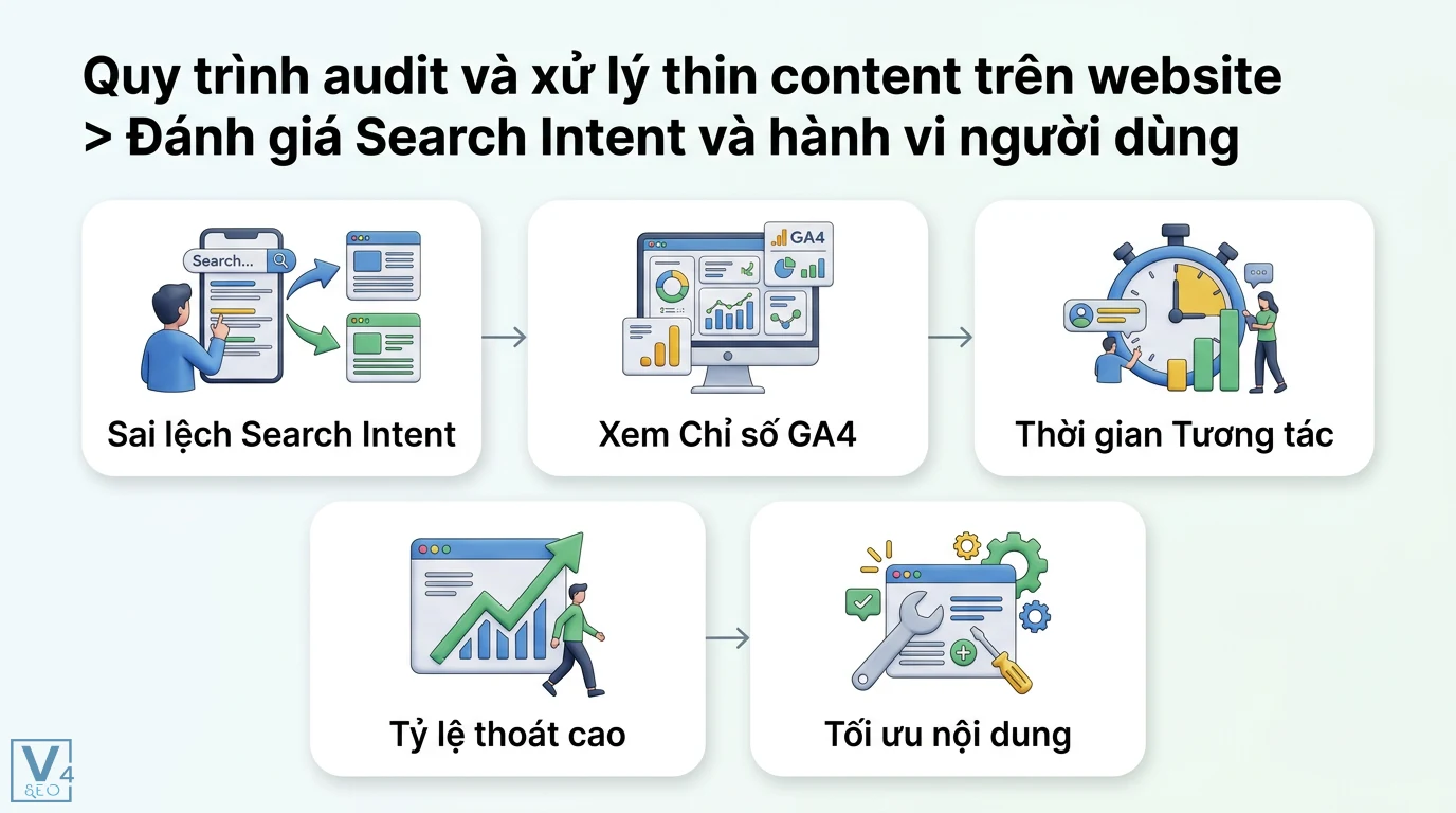 Cách phát hiện và xử lý nội dung AI “thin content” chuẩn E-E-A-T 2 Quy trình đánh giá Search Intent và hành vi người dùng qua GA4 cùng các chỉ số tương tác để xử lý thin content và tối ưu nội dung bền vững