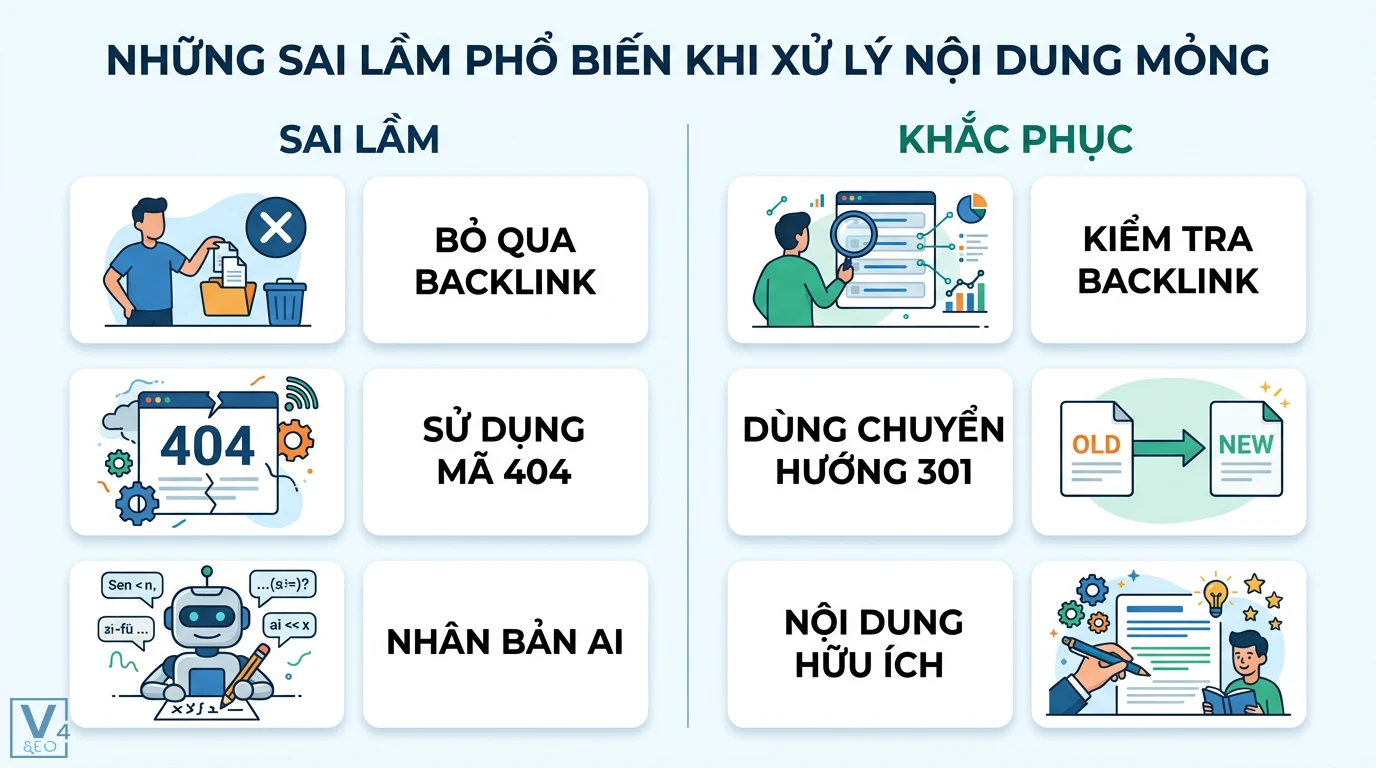 Cách phát hiện và xử lý nội dung AI “thin content” chuẩn E-E-A-T 3 Sai lầm khi xử lý nội dung mỏng gồm bỏ qua backlink, mã 404, nhân bản AI và cách khắc phục bằng chuyển hướng 301, tạo nội dung hữu ích