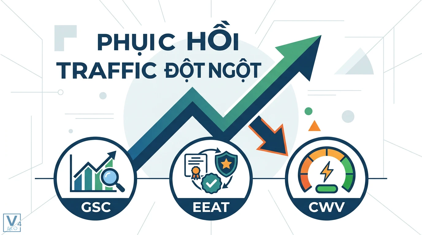 Chiến lược phục hồi thứ hạng sau mất traffic đột ngột chuẩn EEAT 1 Các bước xử lý nhanh giúp ngăn chặn đà giảm traffic qua kiểm tra robots, sitemap, sửa lỗi 404, redirect và tối ưu lại nội dung bài cũ