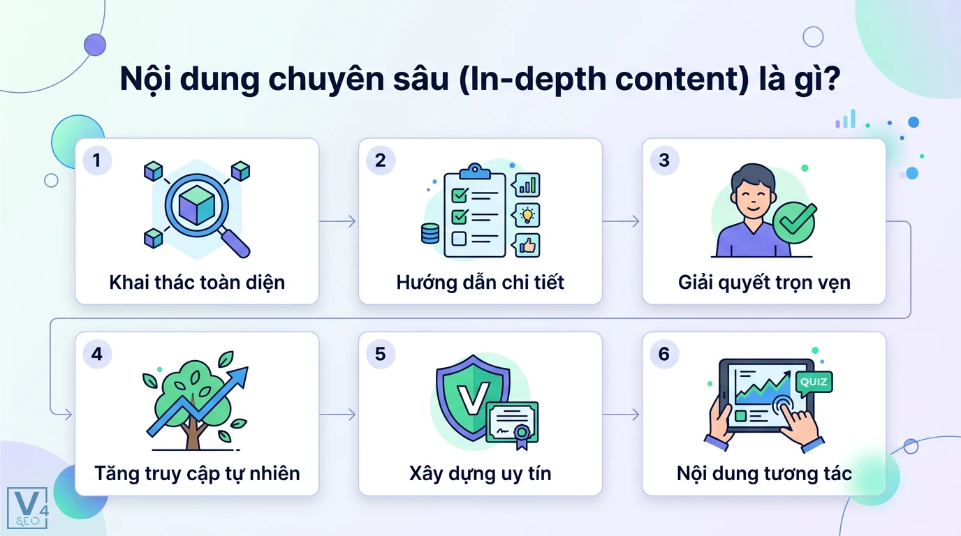 Phương pháp tạo nội dung chuyên sâu (In-depth Content) chuẩn SEO 1 Nội dung chuyên sâu khai thác toàn diện chủ đề giúp giải quyết trọn vẹn truy vấn, tăng truy cập tự nhiên, xây dựng uy tín và nội dung tương tác