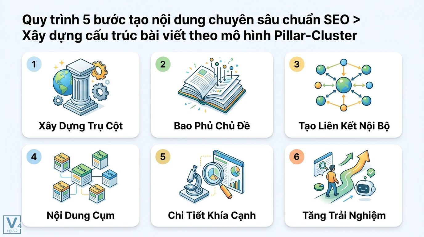 Phương pháp tạo nội dung chuyên sâu (In-depth Content) chuẩn SEO 2 Xây dựng Pillar-Cluster gồm tạo trụ cột, bao phủ chủ đề, liên kết nội bộ, nội dung cụm và chi tiết khía cạnh giúp tăng trải nghiệm chuẩn SEO