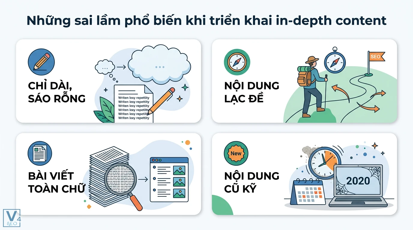 Phương pháp tạo nội dung chuyên sâu (In-depth Content) chuẩn SEO 3 Sai lầm khi triển khai in-depth content gồm nội dung sáo rỗng, lạc đề, thiếu định dạng trực quan và thông tin lỗi thời làm giảm hiệu quả SEO