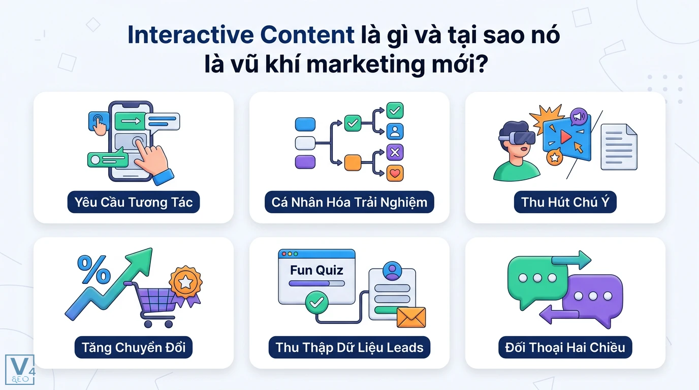 Phương pháp tạo nội dung tương tác (Interactive Content) thực tế 1 Interactive Content giúp cá nhân hóa trải nghiệm, thu hút chú ý, tăng chuyển đổi, thu thập dữ liệu leads và đối thoại hai chiều hiệu quả