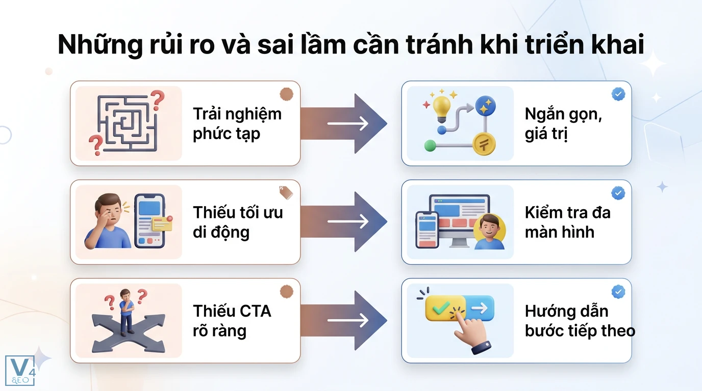 Phương pháp tạo nội dung tương tác (Interactive Content) thực tế 3 Sai lầm khi triển khai nội dung tương tác như trải nghiệm phức tạp, thiếu tối ưu di động, thiếu CTA và giải pháp khắc phục để tăng hiệu quả