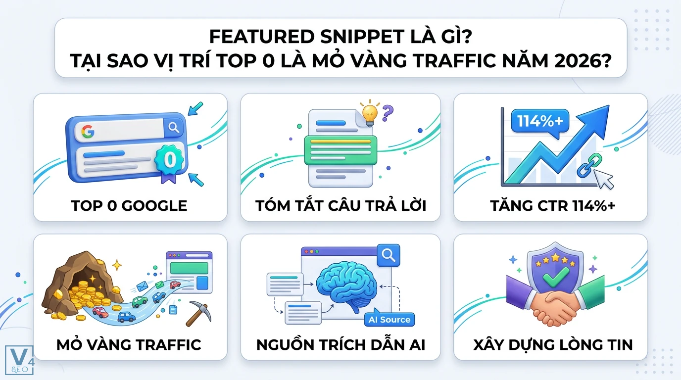Phương pháp tối ưu hóa nội dung cho mục tiêu Featured Snippets 1 Featured Snippet vị trí Top 0 Google giúp tóm tắt câu trả lời, tăng 114% CTR, tạo mỏ vàng traffic là nguồn trích dẫn AI giúp xây dựng lòng tin