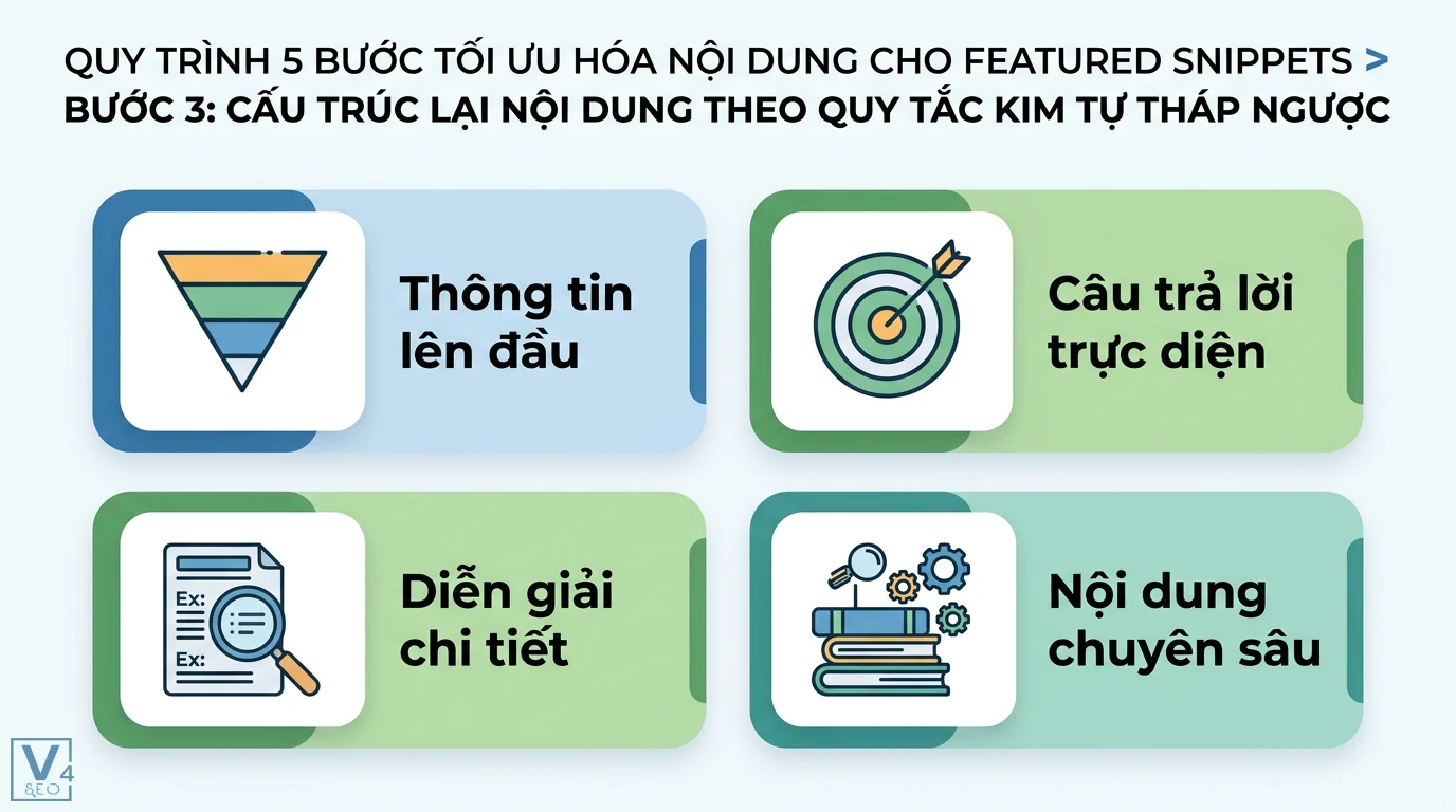 Phương pháp tối ưu hóa nội dung cho mục tiêu Featured Snippets 2 Cấu trúc nội dung kim tự tháp ngược gồm đưa thông tin lên đầu, trả lời trực diện, diễn giải chi tiết và cung cấp nội dung chuyên sâu