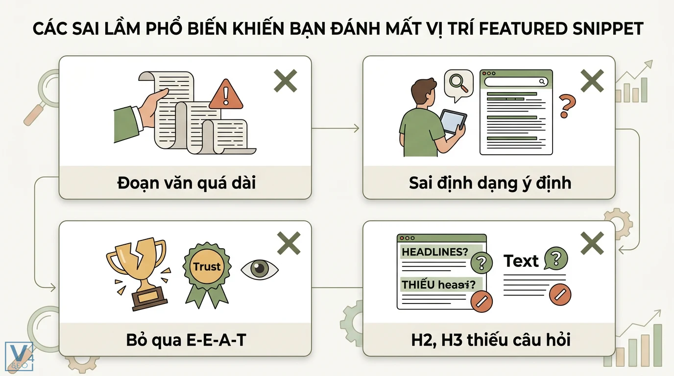 Phương pháp tối ưu hóa nội dung cho mục tiêu Featured Snippets 3 Sai lầm đánh mất Featured Snippet gồm đoạn văn quá dài, sai định dạng ý định tìm kiếm, thiếu tín hiệu E-E-A-T và thẻ H2 H3 thiếu câu hỏi