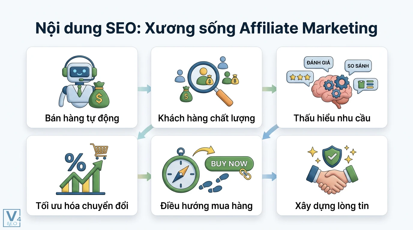 Phương pháp tối ưu hóa nội dung SEO cho Affiliate Marketing 2026 1 Nội dung SEO làm xương sống Affiliate Marketing qua bán hàng tự động, thấu hiểu nhu cầu, tối ưu chuyển đổi và điều hướng hành vi mua hàng