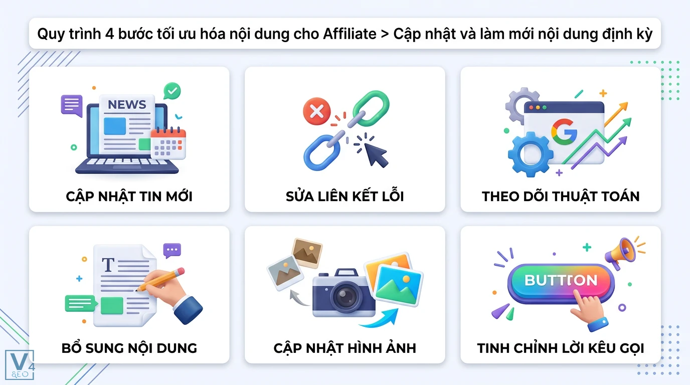 Phương pháp tối ưu hóa nội dung SEO cho Affiliate Marketing 2026 2 Sửa liên kết lỗi, theo dõi thuật toán Google, bổ sung nội dung và tinh chỉnh lời kêu gọi hành động để làm mới bài viết Affiliate định kỳ