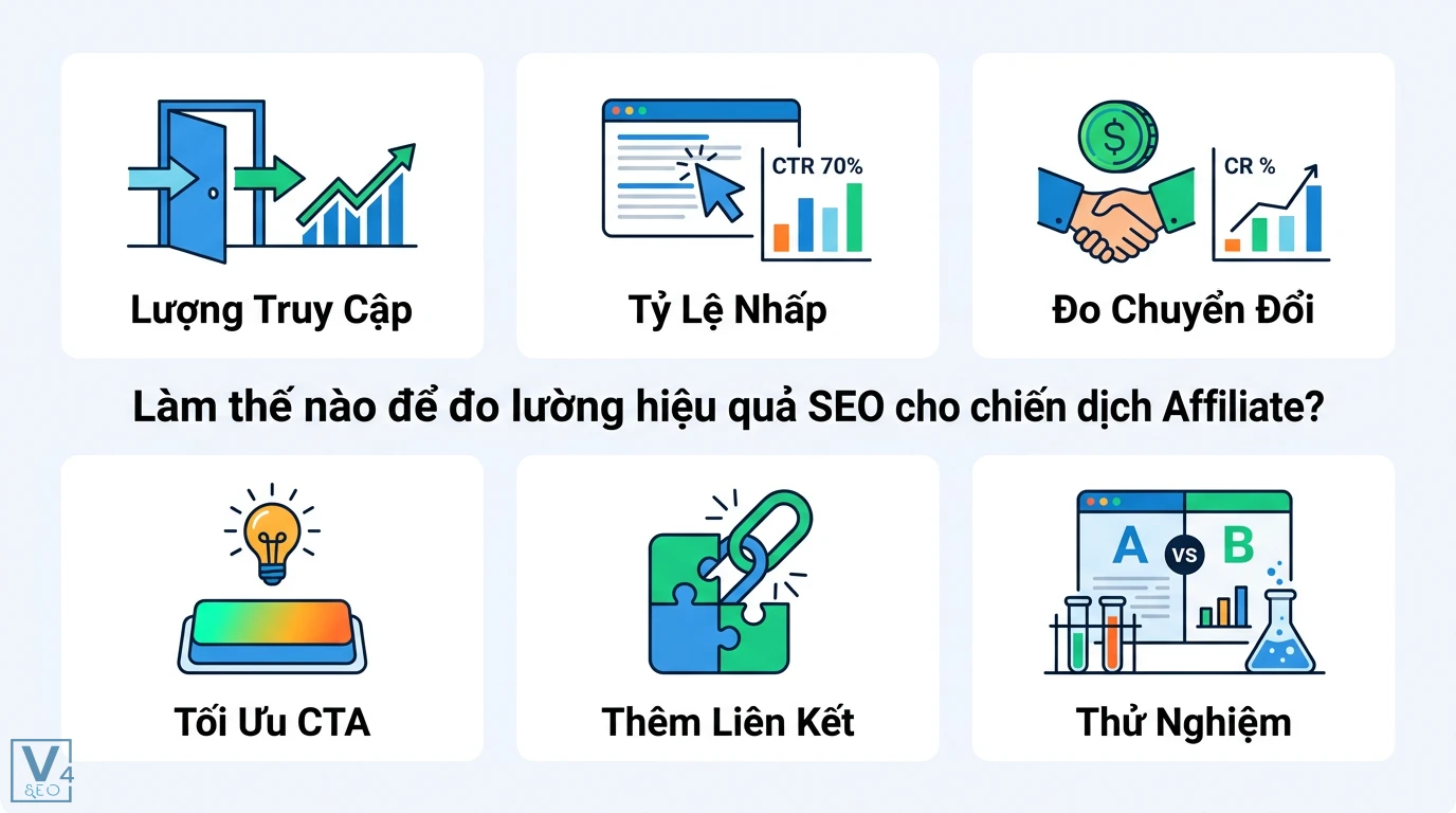 Phương pháp tối ưu hóa nội dung SEO cho Affiliate Marketing 2026 3 Đo lường hiệu quả SEO Affiliate qua Lượng Truy Cập, Tỷ Lệ Nhấp CTR, Đo Chuyển Đổi, Tối Ưu CTA, Thêm Liên Kết và Thử Nghiệm A/B