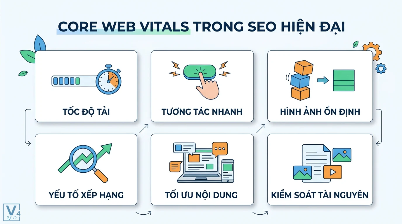 Phương pháp tối ưu nội dung theo bản cập nhật Google Core Web Vitals 1 Core Web Vitals trong SEO hiện đại gồm tốc độ tải, tương tác nhanh, độ ổn định thị giác, yếu tố xếp hạng, tối ưu nội dung, kiểm soát tài nguyên