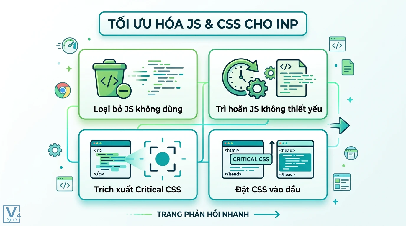 Phương pháp tối ưu nội dung theo bản cập nhật Google Core Web Vitals 2 Tối ưu hóa JS và CSS cho INP bằng cách loại bỏ JS không dùng, trì hoãn script, trích xuất Critical CSS giúp website tăng tốc độ phản hồi nhanh